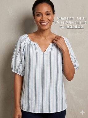 Talbots Striped Linen Peasant Top in Turquoise Blue and White